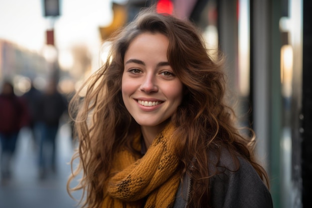 une jeune femme sourit debout dans la rue