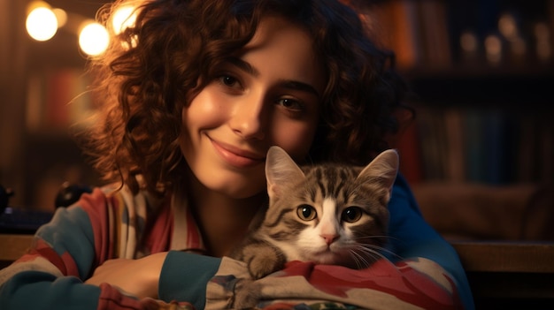 Une jeune femme sourit et embrasse un chat.