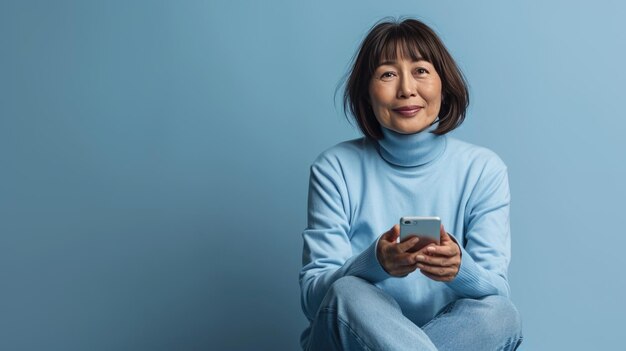 Une jeune femme sourit joyeusement en tenant son smartphone sur un fond coloré