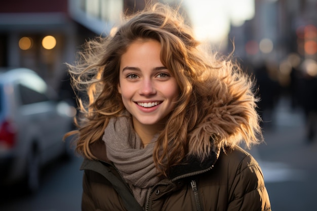 une jeune femme sourit en marchant dans la rue