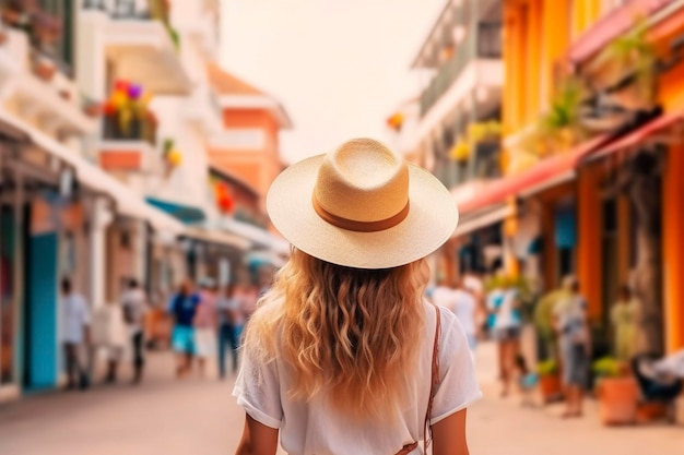 Une jeune femme sourit en marchant à reculons dans les vieilles rues d'une ville européenne touristique générée par l'IA