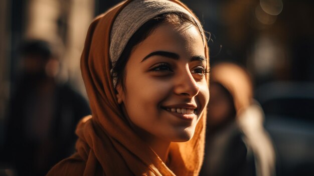 Une jeune femme sourit et porte un foulard.