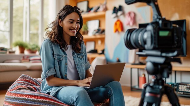 Photo une jeune femme sourit en utilisant un ordinateur portable assise dans un environnement intérieur confortable avec un appareil photo sur un trépied au premier plan suggérant qu'elle est une créatrice de contenu ou une vloggeuse