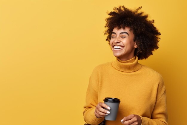 Photo une jeune femme sourit vif en sirotant du café