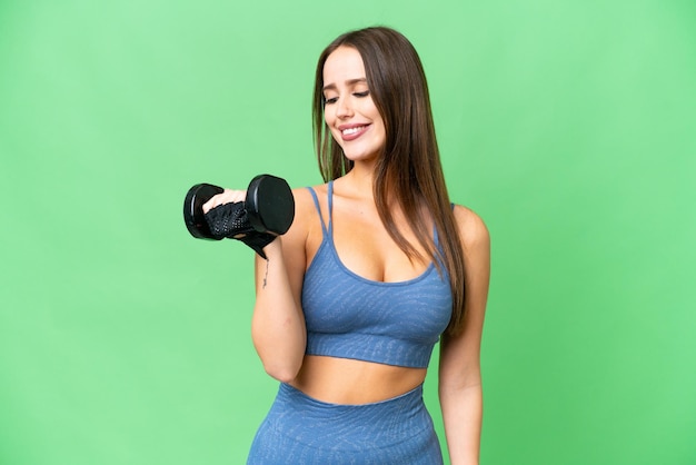 Jeune femme sportive faisant de l'haltérophilie sur fond isolé chroma key avec une expression heureuse