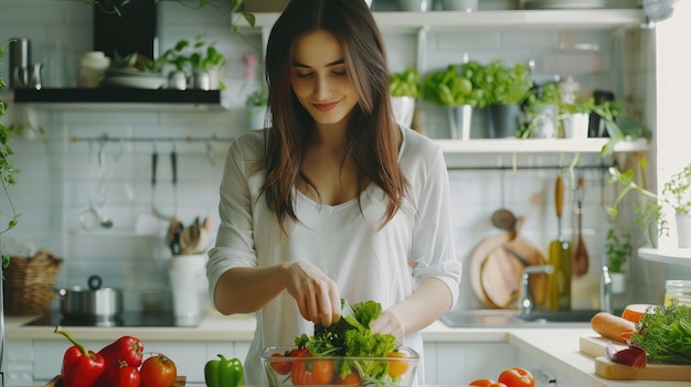 Une jeune femme sportive prépare de la nourriture saine sur une cuisine légère Concept de nourriture saine verte