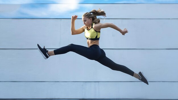 Une jeune femme sportive sautant isolée sur un mur blanc.