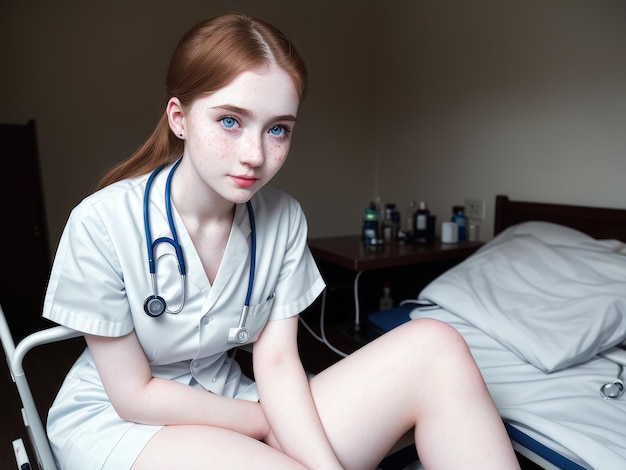 Une jeune femme avec un stéthoscope autour du cou est assise dans un lit avec un lit.