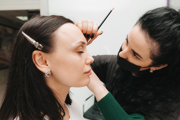 Une jeune femme subit une procédure de correction des sourcils dans un salon de beauté gros plan la fille peint ses sourcils dans le salon