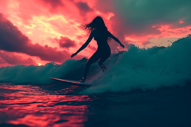 Une jeune femme surfe au coucher du soleil