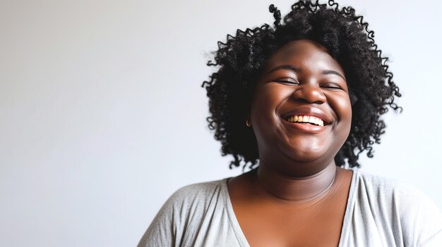 Jeune femme en surpoids souriant sur fond blanc