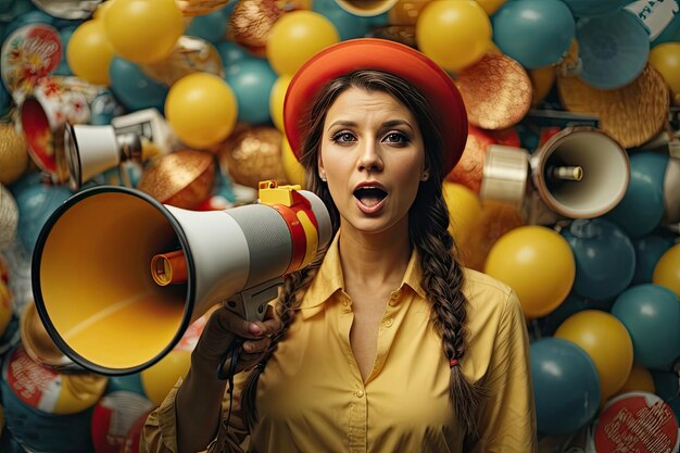 Photo une jeune femme surprise criant dans un mégaphone une fille avec un chapeau et une chemise jaune sur les réseaux sociaux promotion con