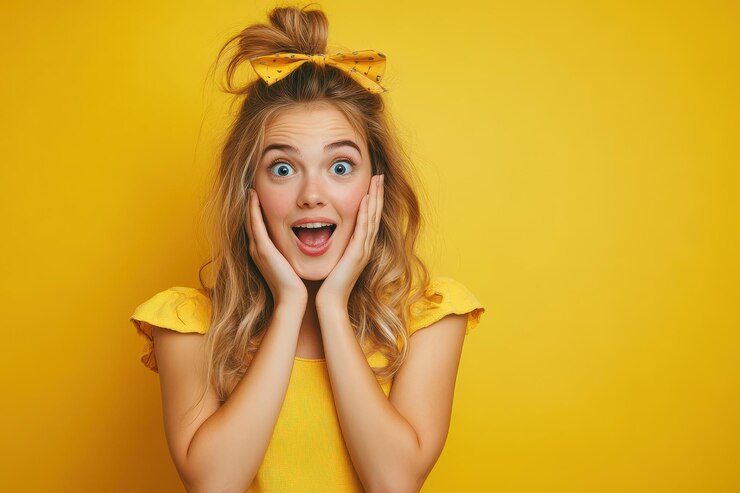 Photo une jeune femme surprise avec une expression joyeuse sur un fond jaune vif