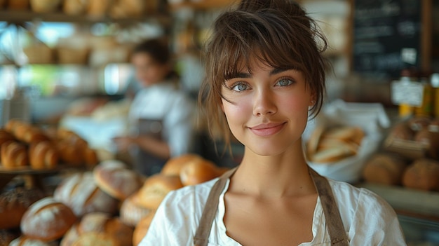 Une jeune femme sympathique et souriante vend du pain dans une boulangerie moderne et confortable.