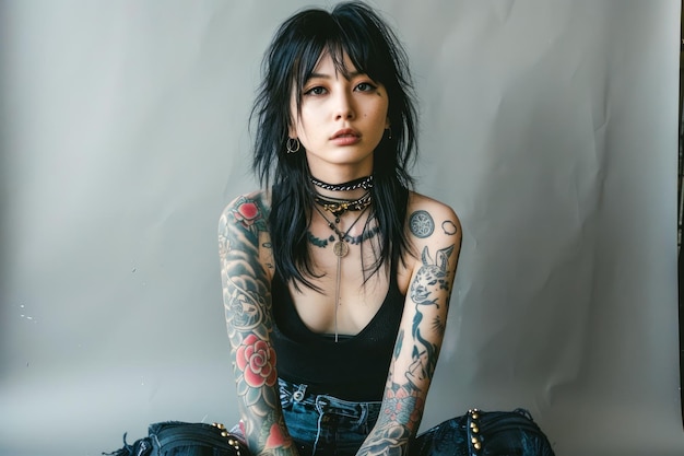 Une jeune femme tatouée et élégante pose avec confiance dans un environnement urbain