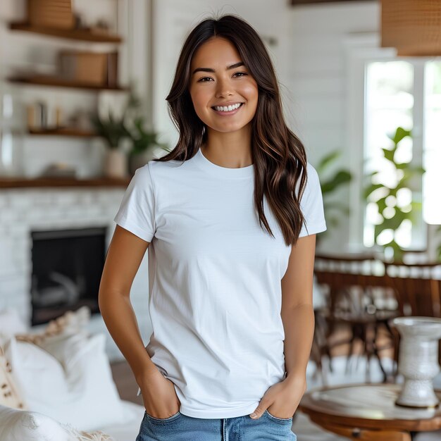 Une jeune femme en tee-shirt blanc dans un salon