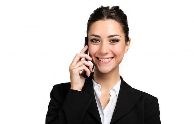 Jeune femme, téléphone, isolé, blanc, mur