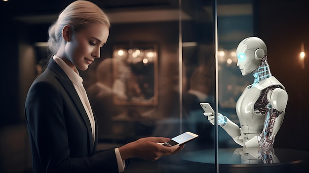 Photo jeune femme avec un téléphone portable à la main et un robot comme assistant virtuel