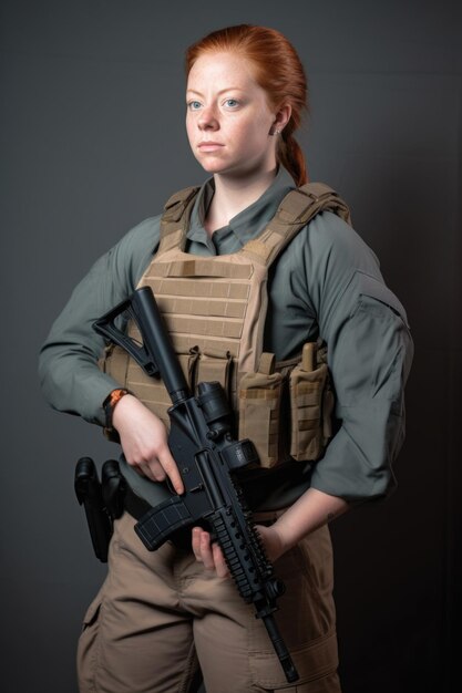 Une jeune femme tenant une arme à feu tout en portant un équipement tactique créé avec une IA générative