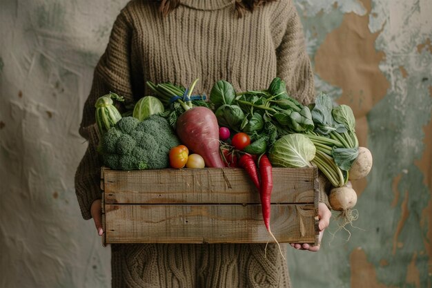 Une jeune femme tenant une boîte en bois pleine de légumes verts