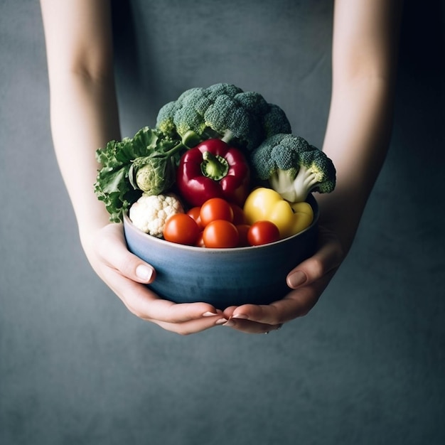 Une jeune femme tenant un bol de légumes frais Concept de nourriture saine