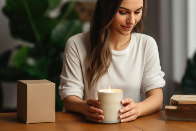 Photo jeune femme tenant une bougie faite à la main concept de petite entreprise