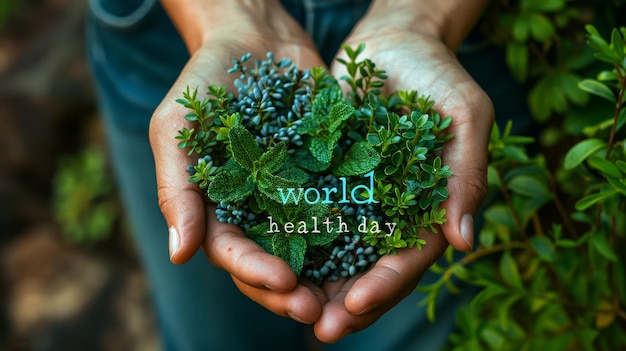 Une jeune femme tenant un bouquet de feuilles de menthe fraîches dans ses mains Journée mondiale de la santé