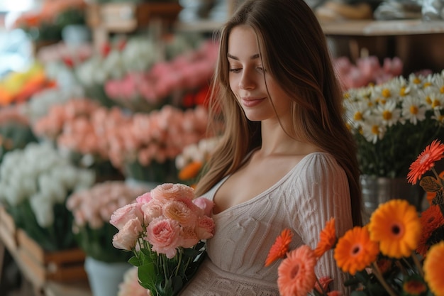 Une jeune femme tenant un bouquet de roses roses pâles dans un magasin de fleurs