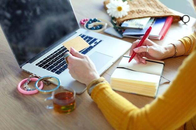 Jeune femme tenant une carte de crédit et utilisant un ordinateur portable Concept de magasinage en ligne