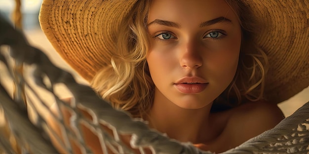 jeune femme tenant un chapeau de plage se relaxant dans un hamac sur le dans le style des traits du visage détaillés
