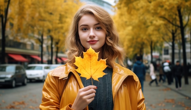 Une jeune femme tenant une feuille d'érable en automne