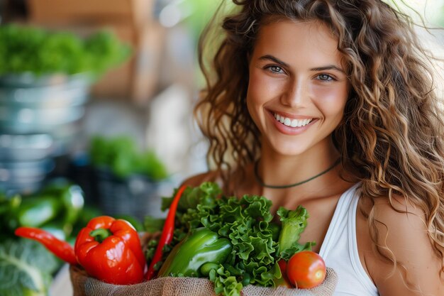 Une jeune femme tenant des légumes frais.