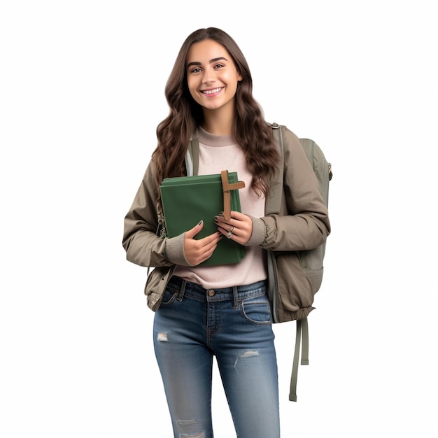 Jeune femme tenant un livre et un sac à dos