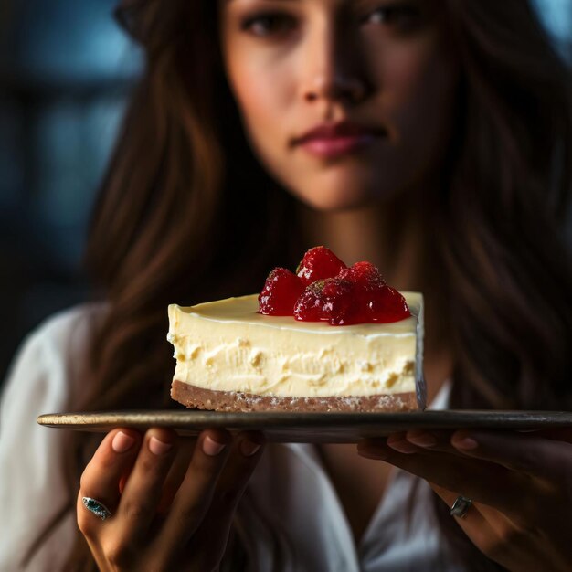 Une jeune femme tenant un morceau de gâteau au fromage avec des framboises fraîches