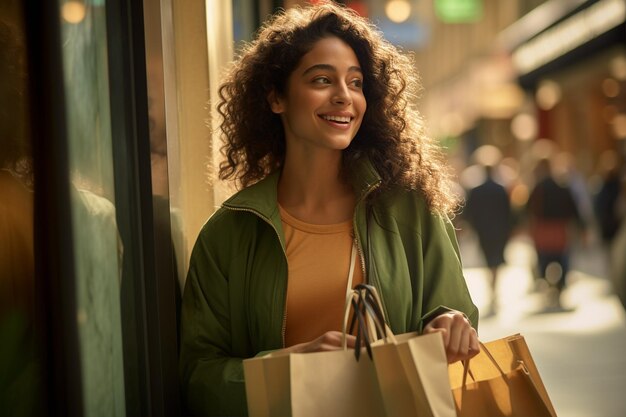 Photo une jeune femme tenant des sacs à courses en ville