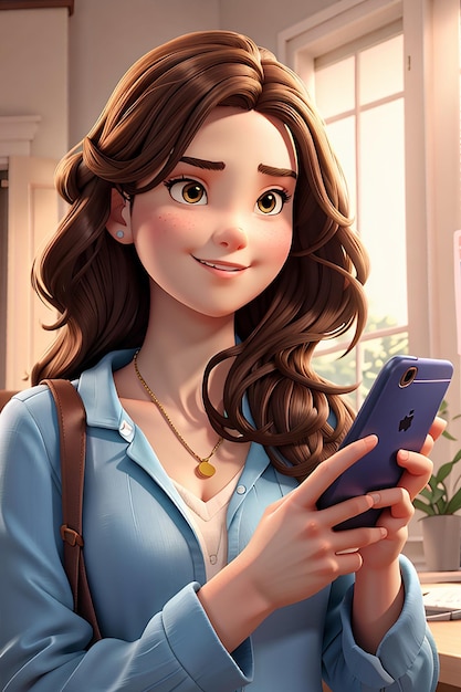 Photo jeune femme tenant un téléphone intelligent illustration de personnage de dessin animé 3d