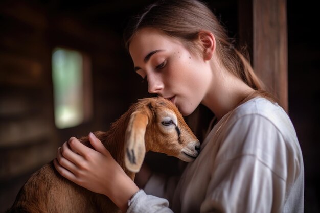 Une jeune femme tenant la tête d'une chèvre