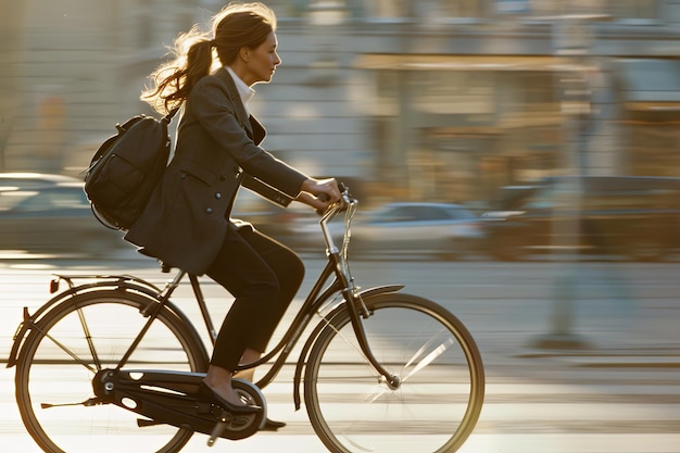 Une jeune femme en tenue d'affaires fait du vélo avec concentration et détermination dans une rue urbaine bordée de bâtiments en briques.