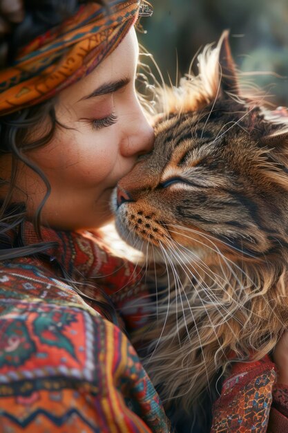 Photo une jeune femme en tenue de bohémien embrasse affectueusement son chat maine coon en plein air dans le coucher de soleil doré