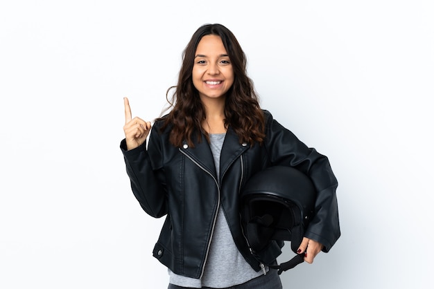 Jeune femme, tenue, a, casque moto, isolé