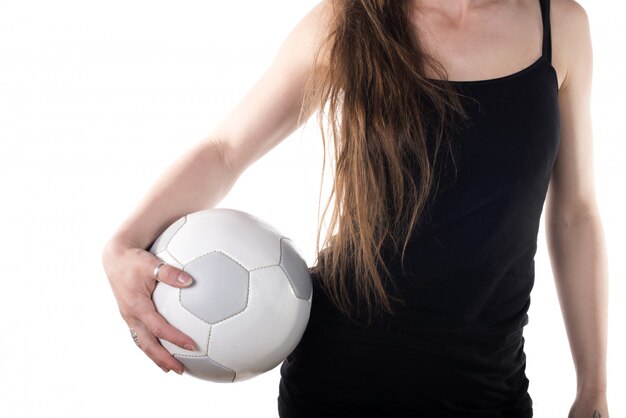 Jeune, femme, tenue, football, balle