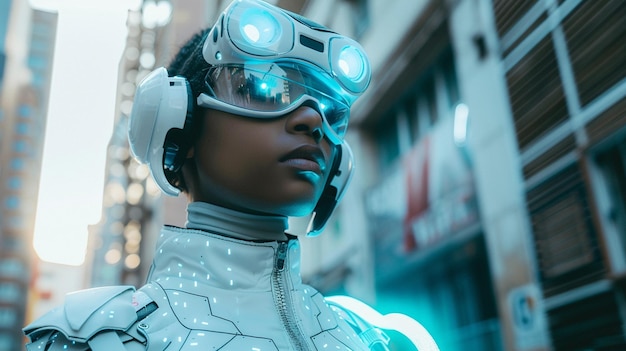 Une jeune femme en tenue futuriste regardant la caméra dans la ville.