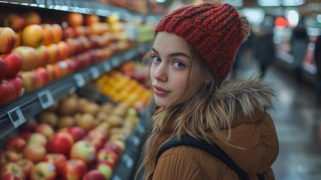 Une jeune femme en tenue d'hiver sélectionne des pommes à l'épicerie