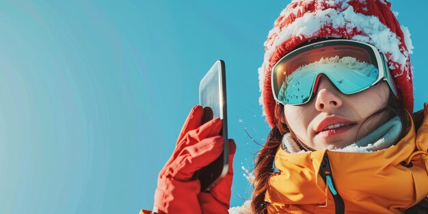 Photo une jeune femme en tenue de ski capture une image avec son appareil mobile