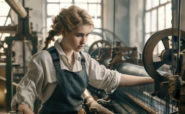 Photo une jeune femme en tenue de travail exploitant un métier à tisser dans une usine animée