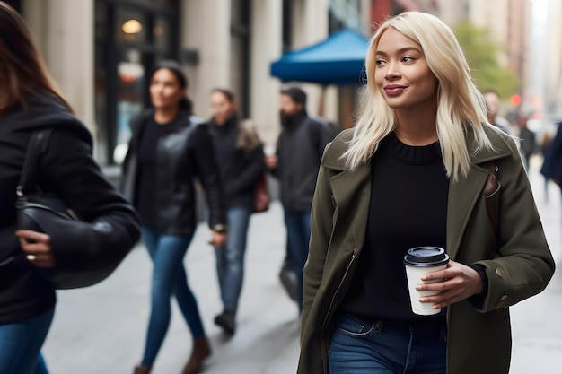 Une jeune femme tient dans sa main un verre de café jetable artisanal. Réseau neuronal généré par l'IA