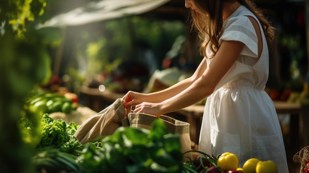 Une jeune femme tient un éco-sac tout en achetant des légumes et des herbes au marché fermier