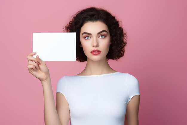 Une jeune femme tient une feuille de papier blanche et un fond brillant