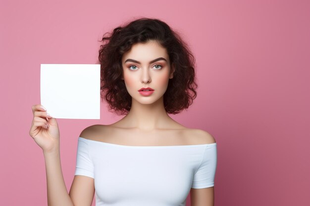 Une jeune femme tient une feuille de papier blanche et un fond brillant