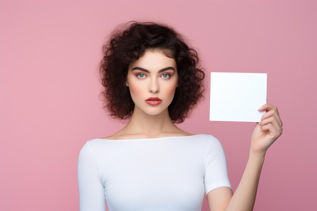 Une jeune femme tient une feuille de papier blanche et un fond brillant